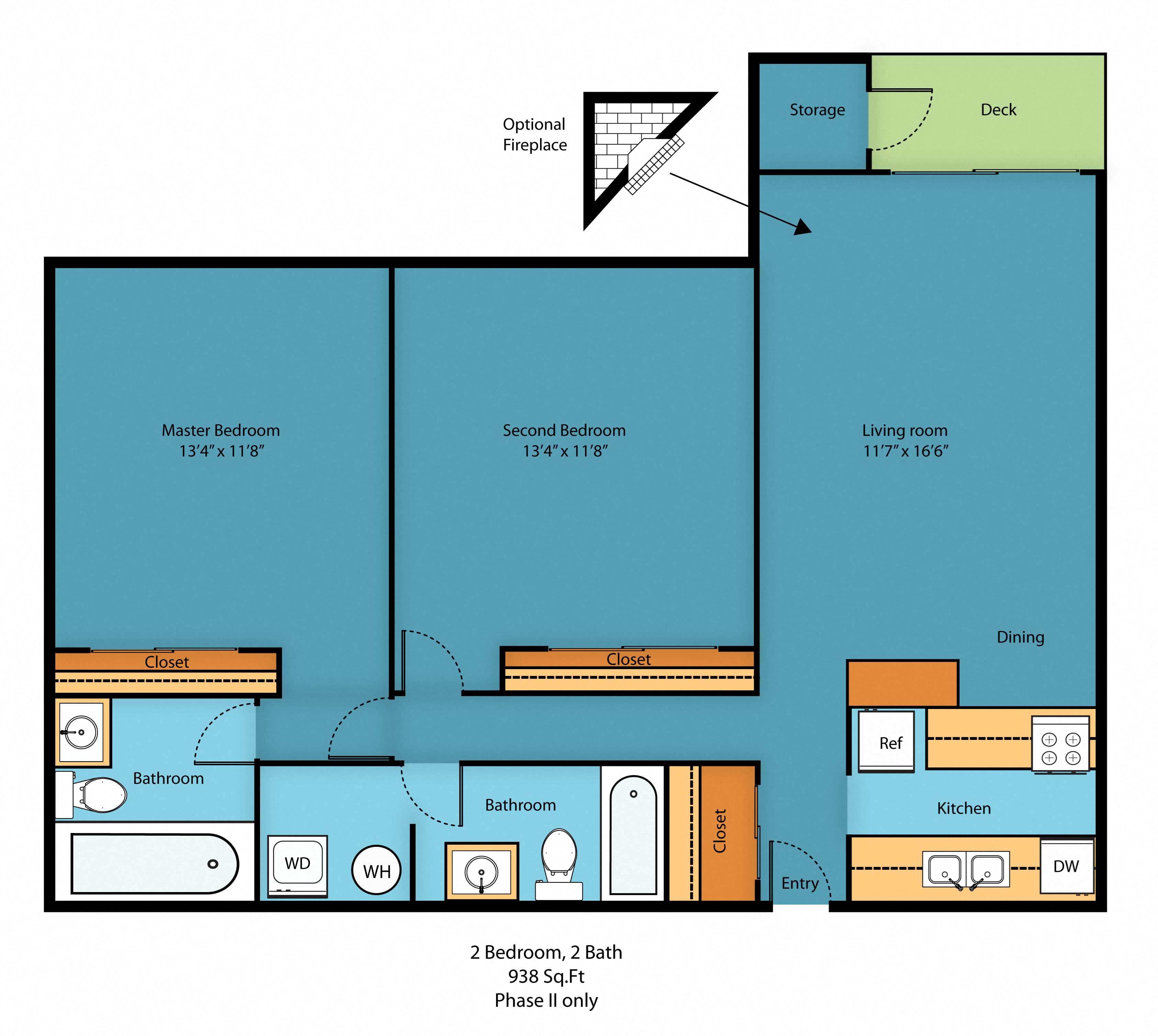 Floor plan for 2 beds, 2 baths, 938 sqft